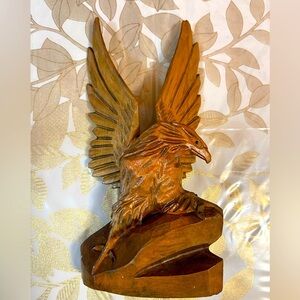 VTG  Hand Carved Wooden Eagle Bird Statue Figurine Brown Open Wings USSR Sz 9”